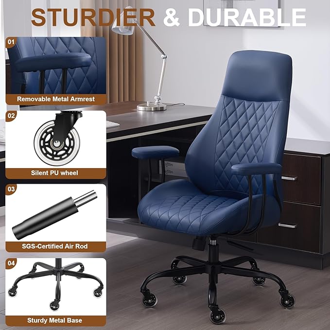 Home Office Desk Chair, Ergonomic High Back Leather Computer Chair with Lumbar Support, Adjustable Height & Recline, Swivel Executive Office Chair with Armrests and Rubber Casters, Blue