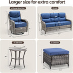 Swivel Patio Chairs sofa Set of 6 with 6" Thick Cushion - Wicker Outdoor Swivel Rocker Patio Chair ,Sofa/Glass coffee table, High Back Comfortable Outdoor Glider Chairs - Gery Wicker Blue Cushions
