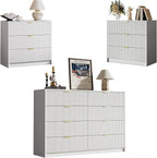 3-Piece Dresser Bedroom Set, 8 Drawer Dresser & 3 Drawer Nightstands with Gold Handles, Fluted Wood Chest of Drawers for Bedroom, Living Room, Entryway, White
