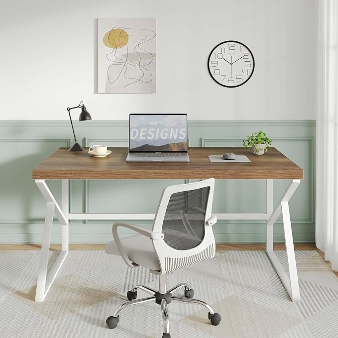 HSH Farmhouse Desk Computer Table, Modern Home Office Desk, Student Desk for Bedroom, Rustic Wood and Metal PC Laptop Desk, Simple Writing Study Gaming Desk Executive Workstation, 55 Inch