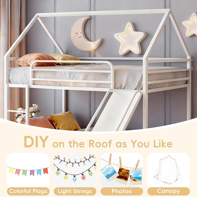 Bunk Bed with Slide for Kids,Bunk Bed Twin Over Twin, Metal Junior House Low Bunk Bed, Toddler Floor Bunk Beds Frame with Guardrail for Kids, Convertible Slide and Ladder Noise Free(New White)