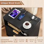 LEYAOYAO Fluted Nightstand with Charging Station, 23" Wide 2 Drawers End Table,Black Night Stand with Open Storage Cabinet, Farmhouse Bed Side Tables, Wood Dresser for Bedroom, Living Room, Closet