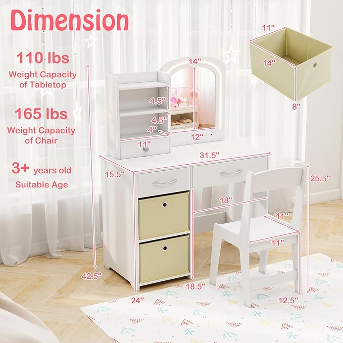 HONEY JOY Kids Vanity, Little Girls Vanity Set with Mirror and Stool and Lights, Wooden Princess Makeup Dressing Table, Storage Box & Shelf, Pretend Play Kids Vanity Table and Chair Set(White)
