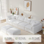138" Boneless Cloud Couch Modular Sectional Sofa with Deep Seat for Living Room, L Shape Couch with Ottoman, Snowflake Cloth and 40D Memory Sponge，2 Throw Pillows (White, 4 Seater+2 Ottoman)