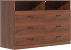 Bigbiglife 6 Drawers Dresser for Bedroom Wooden Drawer with Open Storage Cubby, Double Wide Dresser Organizer for Bedroom, Living Room, Entryway, Hallway (Walnut Brown)
