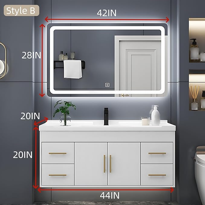 44IN Modern Bathroom Vanity - LED Intelligent Mirror Cabinet Includes Time Display & Defogging | Bathroom Cabinet with Sink & Open Storage Compartments, Ceramic Washbasin, 4 Drawers (Style B)