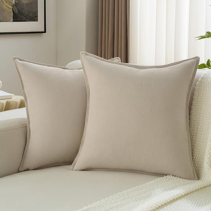 FUTEI Beige Chenille Throw Pillow Covers 16x16 Inch Set of 2,Edges Double-Stitched Cushion Cases,Modern Home Decor for Couch Living Room