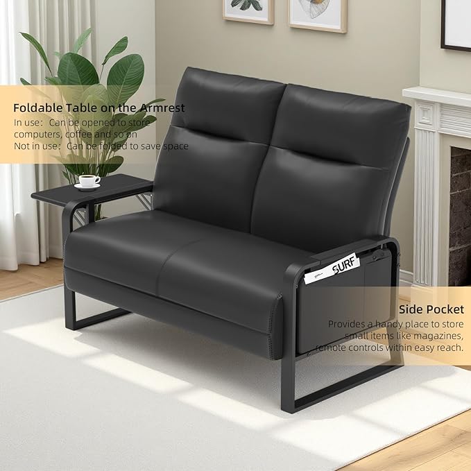 Faux Leather Loveseat Couch for Living Room Bedroom Office, Small Sofa 2 Seater Couch with Flip Up Tray Table Side Pockets Leather Loveseats, Black
