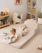 Blissful Diary Kids Couch, 2-in-1 Soft Toddler Couch Fold Out, Toddler Chair Comfy, Convertible Sofa to Lounger, Kids Furniture for Playroom, Gift for Birthday, Children's Day, Beige Shell