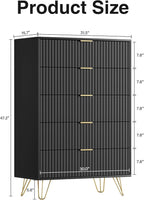 Black Dresser for Bedroom, Fluted Modern Dresser with Gold Pulls and 5 Drawers, 15.7" D x 31.5" W x 47.2" H