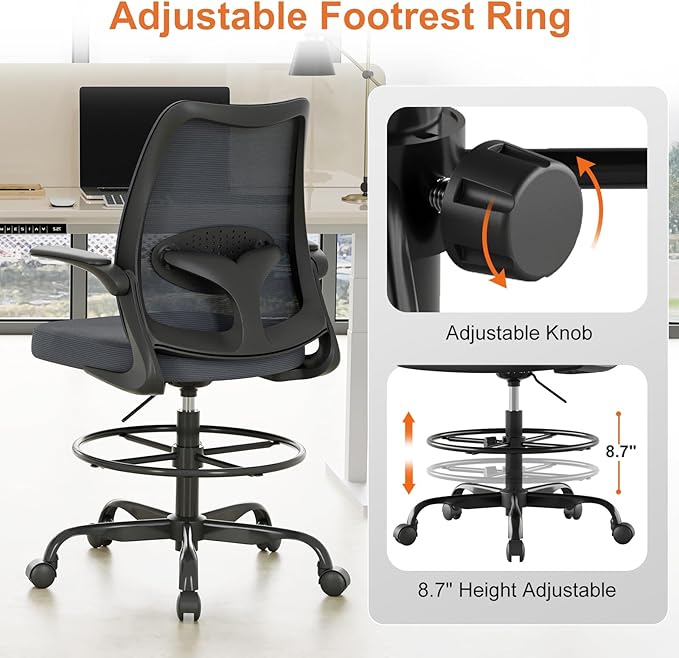 Tall Office Chair for Standing Desks,High Desk Drafting Chair with Adjustable Footrest Ring,Ergonomic Lumbar Support,Flip-Up Armrests for Home Office,Grey