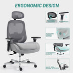 Big and Tall Executive Office Chair, Ergonomic Comfy Mesh Desk Chair with 4D Arms & Extra Wide Seat, Adjustable Headrest & Lumbar Support, 750LBS Capacity, Grey