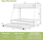 Giantex Twin Over Full Bunk Bed with Trundle, Heavy-Duty Metal Triple Bunk Beds w/Two Side Ladders & Safety Guard Rail, 3 in 1 Bunk Beds for Kids Teens, No Box Spring Needed,White