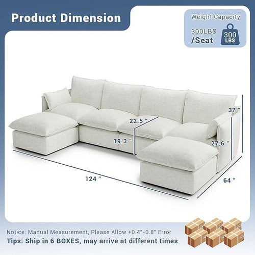 124" Cloud Modular Sectional Sofa, Waterproof Down Filled Sectional Couch, High Backrest U Shaped 4 Seater Couch with 2 Ottomans, Modern Modular Sofas with Removable Cover, Cream White
