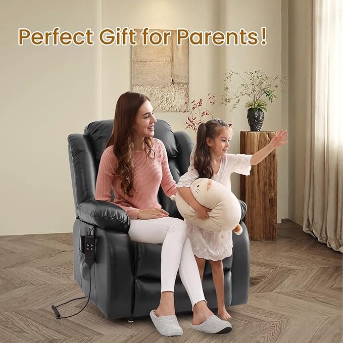 TEKAMON Power Lift Recliner Chair for Elderly with Heat & Massage, Dual Motor Breathable Leather Recliner, Lay Flat Sleeping Chairs with Infinite Position, Remote Control & USB Type-c Ports(Black)