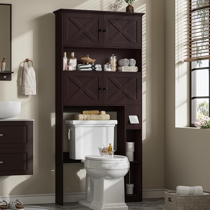 Over The Toilet Storage Cabinet, Farmhouse Storage Cabinet Over Toilet with 4 Barn Doors & Toilet Paper Holder Stand, Espresso Toilet Shelf Home Space Saver for Restroom, Bathroom, Laundry