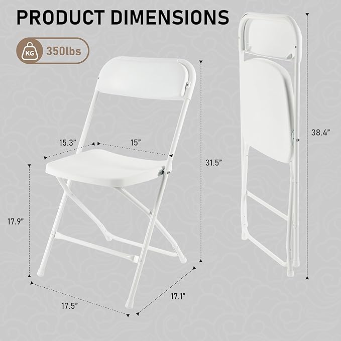 SEALAMB 6 Pack White Plastic Folding Chairs for Indoor Outdoor, Portable Commercial Seat with Steel Frame for Home Office Wedding Party Events, 350lb Capacity (White-Plastic, 6 Pack)