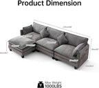 108" Modular Sectional Couches for Living Room with Ottoman, L Shaped Cloud Couch with Charger, USB & Type-c Port, Comfy 4 Seats Sofas with Deep Seat, Chenille Fabric, Darkgrey