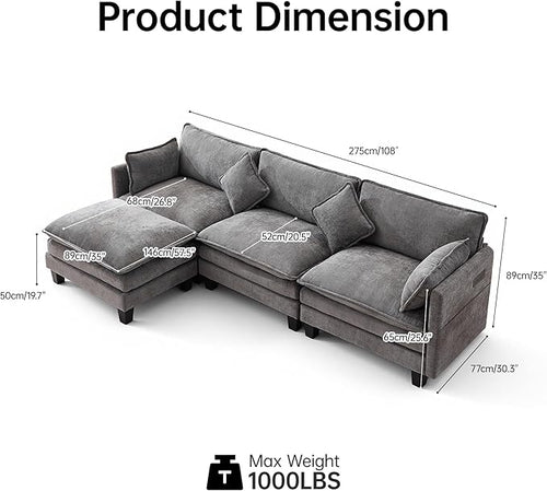 108" Modular Sectional Couches for Living Room with Ottoman, L Shaped Cloud Couch with Charger, USB & Type-c Port, Comfy 4 Seats Sofas with Deep Seat, Chenille Fabric, Darkgrey