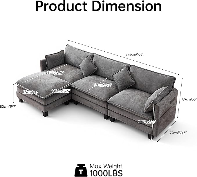 108" Modern L-Shaped Sectional Sofa with USB & Type-c Port Charger, Modular Cloud Couch, Deep Seating Chenille Fabric 4-Seater with Ottoman and Pillows for Living Room (Grey)
