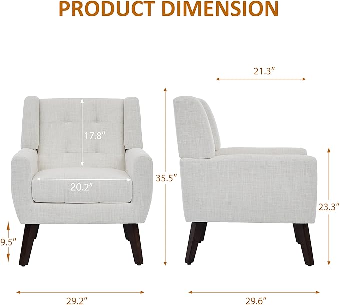 Accent Chair, Mid-Century Modern Upholstered Armchair, Comfy Fabric Living Room Chairs Reading Chairs with Button Tufted Back & Solid Wood Legs for Bedroom, Office, Beige