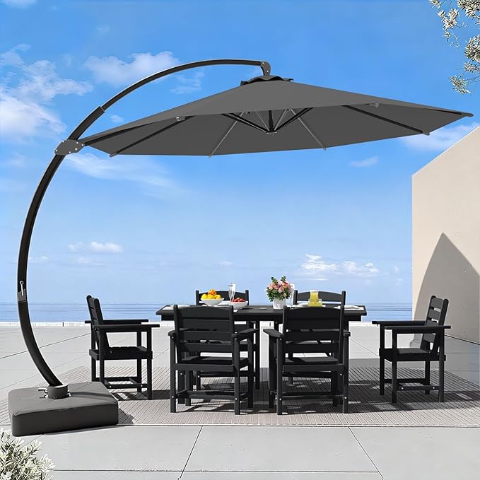 7 Piece Patio Dining Set with 11ft Patio Umbrella (Gray), 7 Black Outdoor HDPE Dining Set with 6 Chairs + 1 Large Table with 2" Umbrella Hole, for Market, Pool, Garden, Backyard, Deck