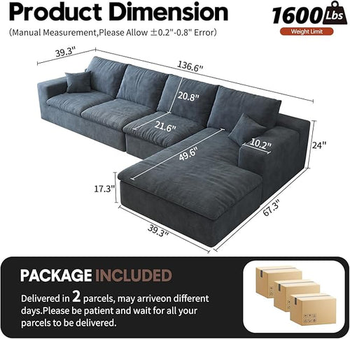 136.6'' L-Shaped Modern Modular Sectional Cloud Couch, 4-Seat Chenille Deep-Seat Sofa with Pillow for Living Room, Bedroom, Apartment, Ocean Blue