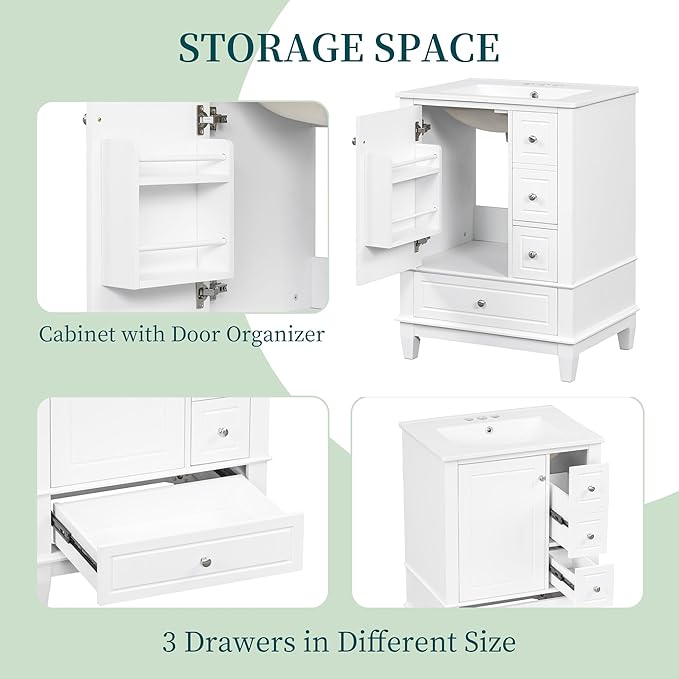 24 Inch Bathroom Vanity with Sink, Freestanding Bathroom Sink Cabinet with 3 Drawers and Storage Door Rack Organizer, Solid Wood Legs, White