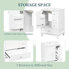 24 Inch Bathroom Vanity with Sink, Freestanding Bathroom Sink Cabinet with 3 Drawers and Storage Door Rack Organizer, Solid Wood Legs, White