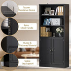 72'' Tall Bookcase with Doors, Adjustable Shelves, P2 MDF Construction, 32'' Wide Freestanding Cabinet with Metal Handles, Hidden Storage for Living Room, Bedroom, Black