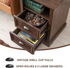21" Tall Nightstand with Charging Station, Farmhouse 18" Wide End Table with 2 Storage Drawers, Wood Rustic Side Table w/Open Shelf for Bedroom, Living Room, Closet, Brown