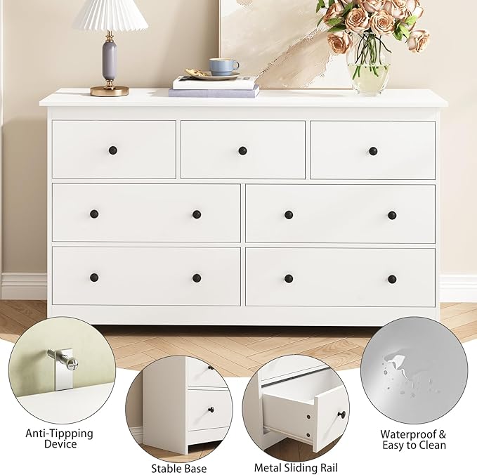 White Dresser for Bedroom, 7 Drawer Dresser with Metal Handles, 55 Inch Wide Wood Chest for Living Room, Hallway
