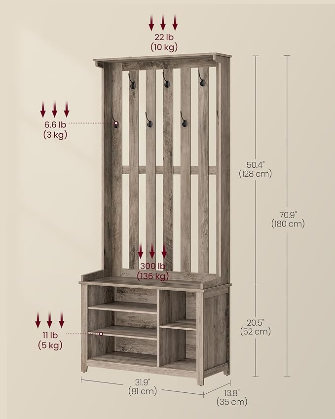 VASAGLE Hall Tree with Bench and Shoe Storage, Coat Rack with Shoe Bench, 7 Double Hooks for Jackets, Hats, Entryway, Bedroom, Living Room, 13.8 x 31.9 x 70.9 Inches, Heather Greige UHSR414G01
