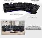 Power Recliner Sectional Couch with LED, Leather Reclining Sofa for Living Room, Muti-Functional Recliner Corner Sectional with Storage Console/Cup Holders/USB Ports (Black, SECTIONAL & CHAIR)