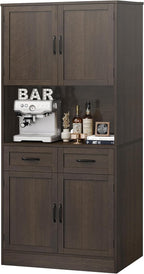 HOSTACK 71“ Tall Kitchen Pantry Storage Cabinet, Modern Kitchen Hutch Bar Cabinet with Microwave Stand, Wood Buffet Sideboard with Hutch, Cupboard with Drawers, Shelves for Dining Room, Dark Brown