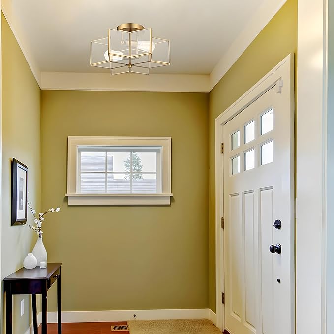Bofea-Gold Ceiling Light Modern Semi Flush Mount Ceiling Lights Vintage Hallway Lights Fixture Brass Star Flush Light Fixture Unique Glass Semi Flush Mount Chandelier for Bedroom Foyer Entry Lamp