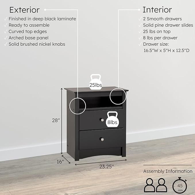 Prepac Sonoma 2 Drawer Nightstand: Elegant Bedroom Furniture, Bedside Table with Open Shelf, 23.25"W x 16"D x 28"H, Black