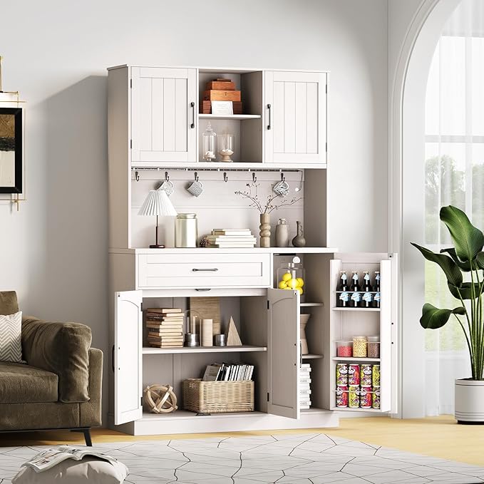 ONBRILL 71" Pantry Cabinet, Kitchen Pantry Storage Cabinet with LED Light & Outlet, Kitchen Hutch with Microwave Shelf & 6 Hooks, Door Shelves & Drawer & Adjustable Shelves, for Dining Room