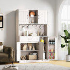 ONBRILL 71" Pantry Cabinet, Kitchen Pantry Storage Cabinet with LED Light & Outlet, Kitchen Hutch with Microwave Shelf & 6 Hooks, Door Shelves & Drawer & Adjustable Shelves, for Dining Room