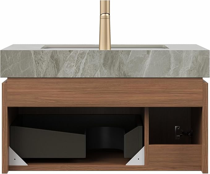 Bathroom Vanity with Sink 30 Inch, Floating Bathroom Vanity Sink Cabinet with Drawer and Door, Undermount Sink & Light Gray Sintered Stone Top, Pre-Assembled, Espresso
