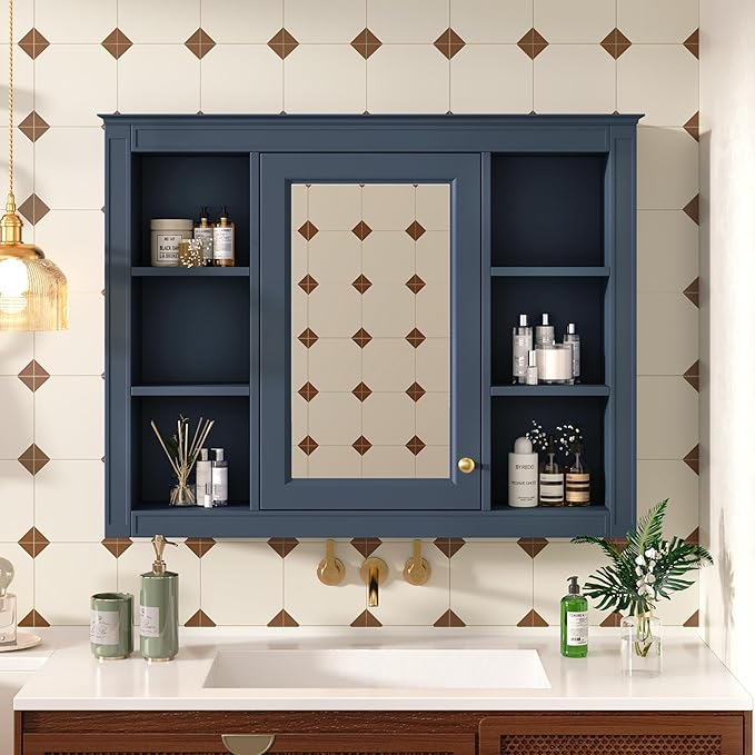 Bathroom Wall Cabinet with Mirror, 35'' x 27.5'' Medicine Cabinet with Mirror Door and Adjustable Shelves, Over Toilet Storage Cabinet, Wall-Mounted Bathroom Mirrors for Over Sink with Storage