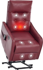 PELUMY Manual Lift Recliner Chair with Massage and Heat for Elderly, Single Motor Electric Lift Chair, Heavy Duty Recliner with USB Charging & Side Pockets (Breathable Leather, Red)