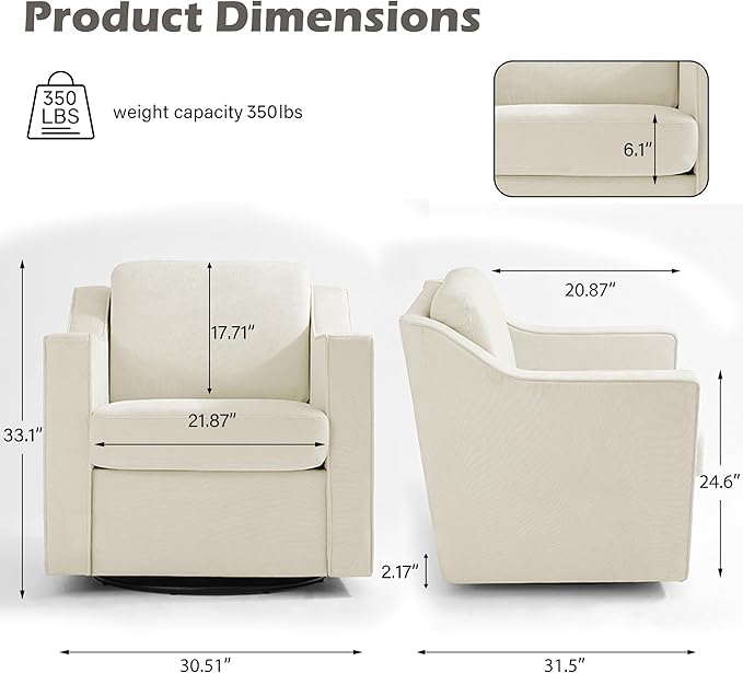 UIXE Swivel Accent Chair, Chenille Upholstered Arm Chair for Living Room, Modern Club Armchair Comfy Single Sofa Bedroom Reading Seat with Lumbar Pillow - Cream Beige