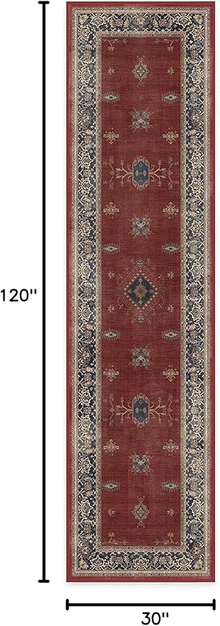 RUGGABLE Washable Vintage Runner Rug – Verena Amber Red 2.5x10, Stain-Resistant, Non-Slip Hallway Runner – Machine Washable Rug for Hallway, Entryway, Living Room & Kitchen–with Standard Pad