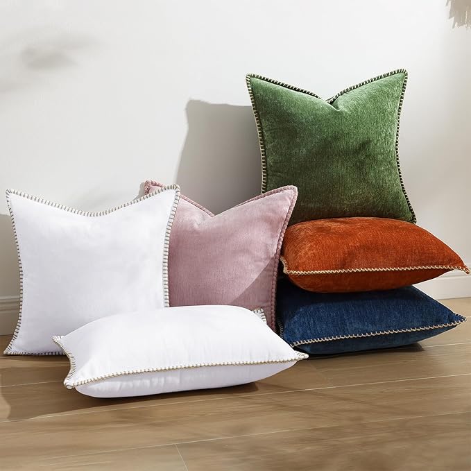 decorUhome Chenille Soft Throw Pillow Covers 12x20 Set of 2, Lumbar Velvet Farmhouse Neutral Decorative Euro Pillow Covers with Stitched Edge for Couch Sofa Bed Home Decor, White