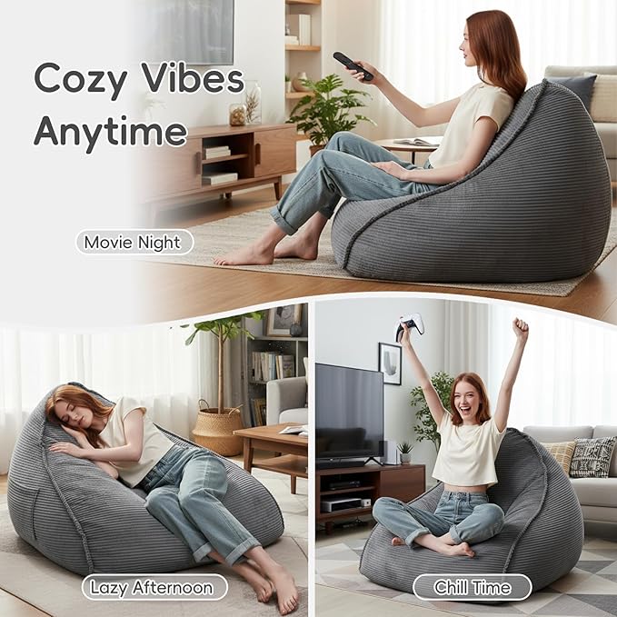 Cloud Bean Bag Chair with Ottoman for Adults, Comfy Corduroy Chaise Lounge Chair with High-Resilience Foam, Oversized Boneless Reading Chair for Bedroom & Living Room (Grey)