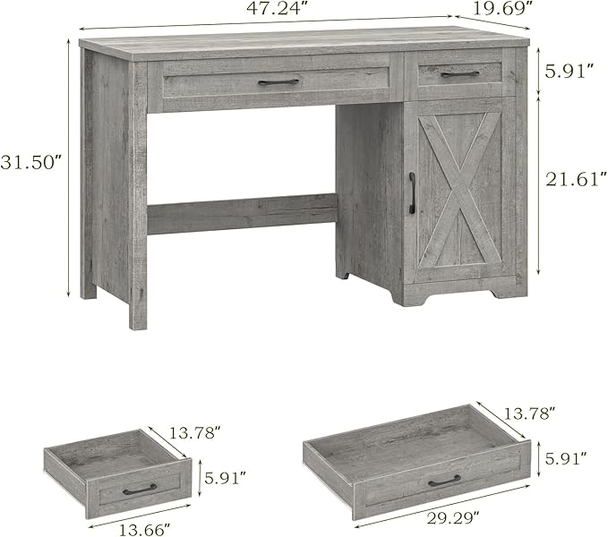 Vabches Farmhouse 51" Executive Desk,Computer Desk with Drawers and Storage Cabinet, Home Office Desk for Work and Study.Grey