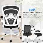 Computer Desk Chair with Wheels, Mesh Office Chair with Flip Up Arms, Adjustable Lumbar Support, Swivel Desk Chair Comfy, White