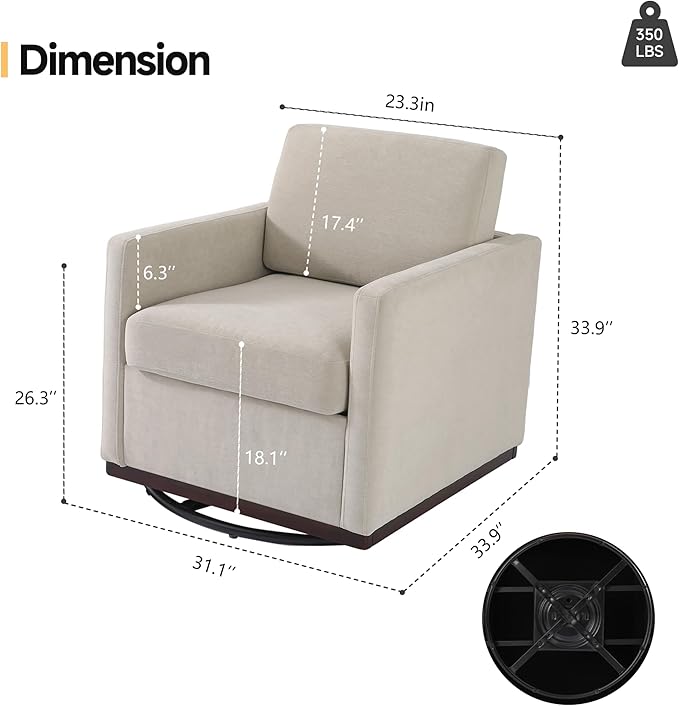 Pia Ricco Single Swivel Barrel Chair, Mid-Century Modern Accent Armchair with Plush Chenille Upholstery for Living Room & Cozy Reading Nook, Sand