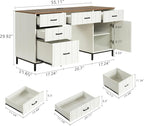 55" Executive Desk, Modern Wood Office Table with Charging Station, 5 File Drawer & 1 Storage Cabinet, Home Computer Writing Desk for Work Study, Living Room, Bedroom (White)